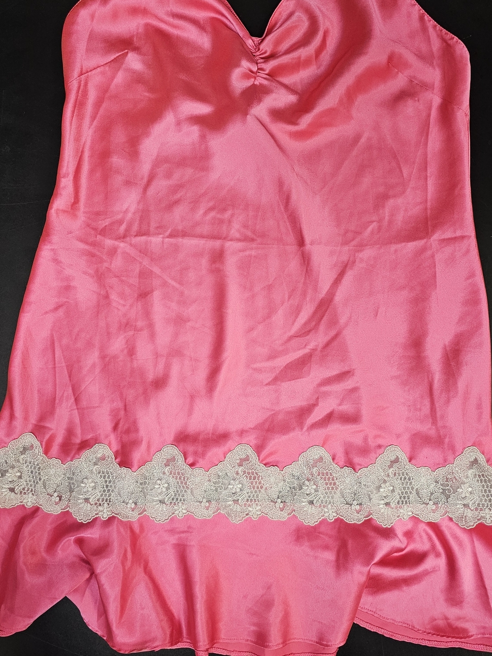 Victoria's Secret Hot Pink Satin Slip with Cream Lace Trim